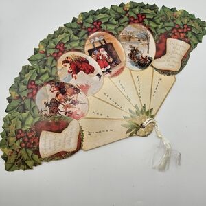 VINTAGE Old Print Factory Victorian Repro Christmas Folding Fan Greetings Card